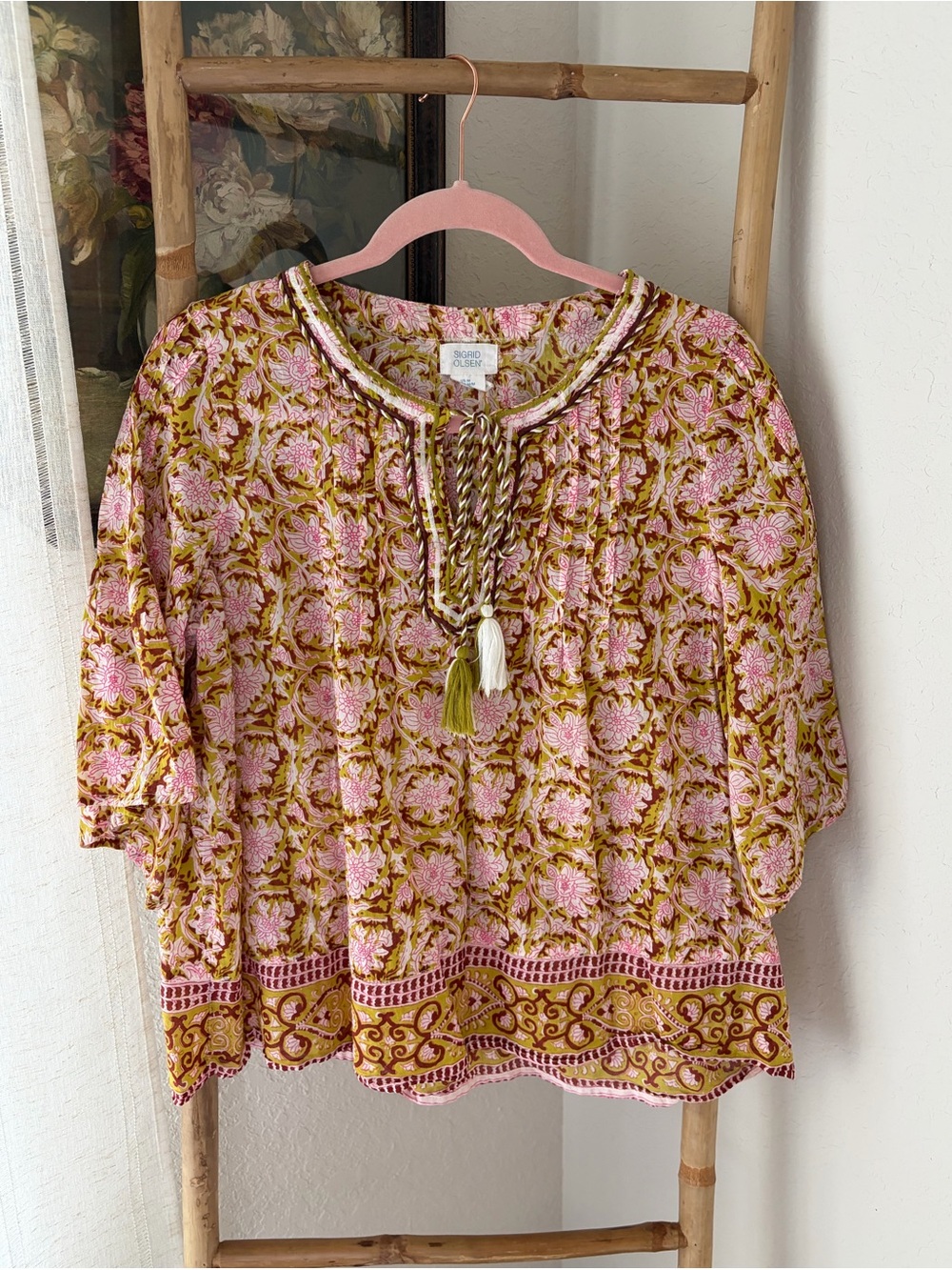 Sigrid Olsen Pink and Olive Floral Tassel Boho Blouse Medium - Picture 6 of 6